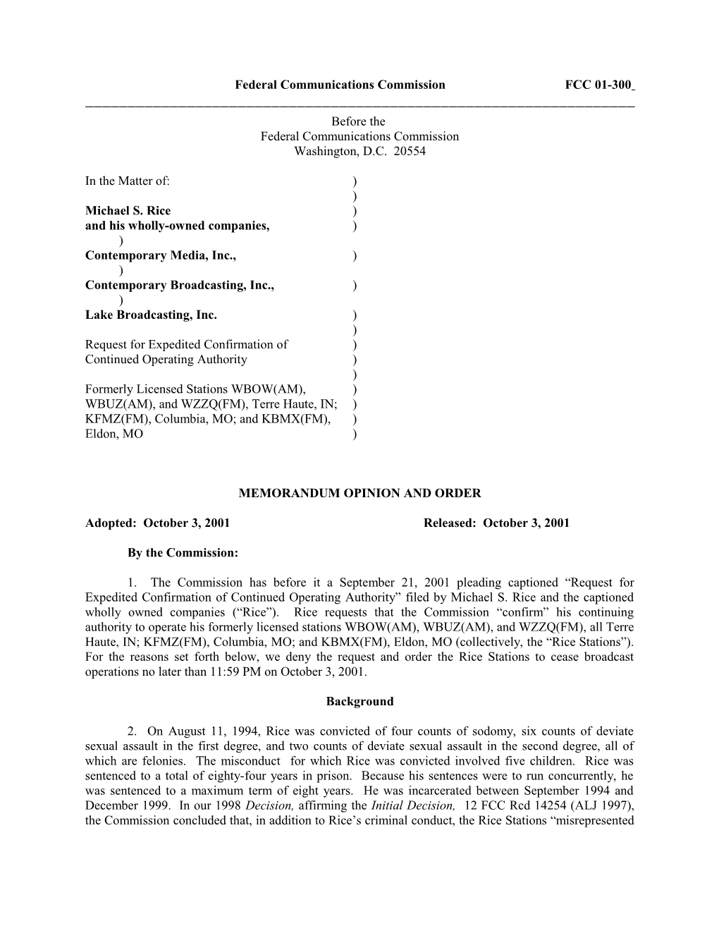 Federal Communications Commission FCC 01-300