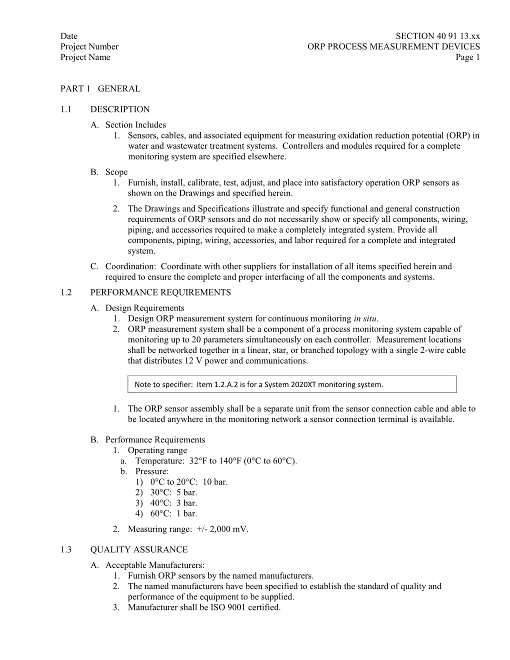 Project Numberorp PROCESS MEASUREMENT DEVICES