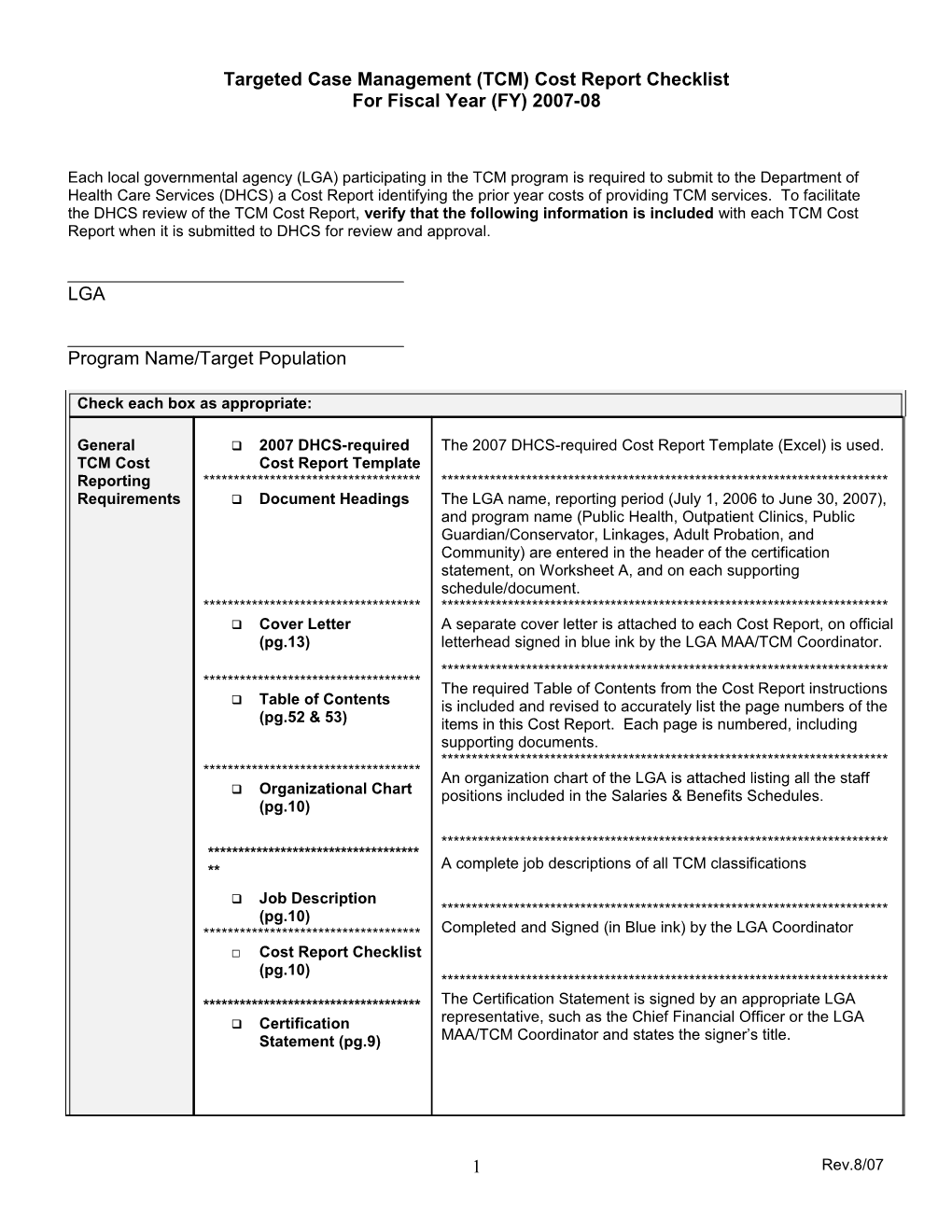 2007 Cost Report Checklist Revised 08-07