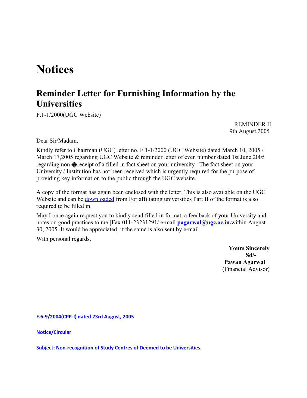 Reminder Letter for Furnishing Information by the Universities