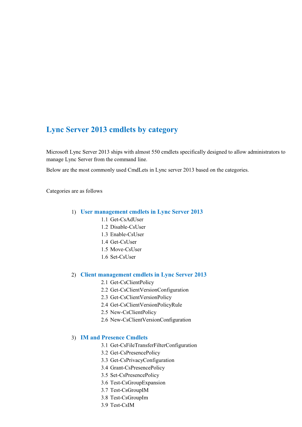 Lync Server 2013 Cmdlets by Category