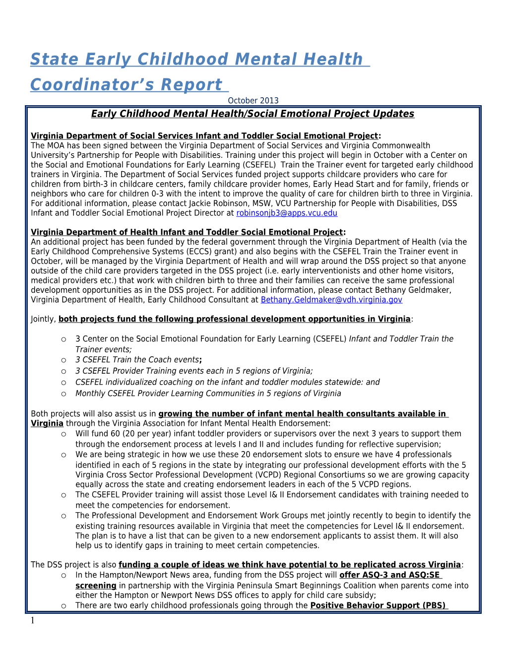 State Early Childhood Mental Health Coordinator S Report