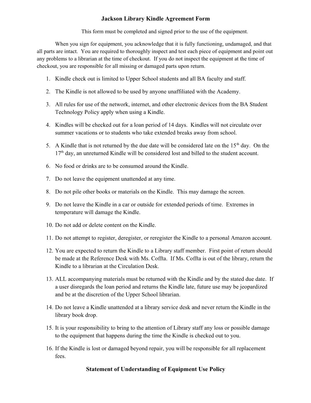 Jackson Library Kindle Agreement Form