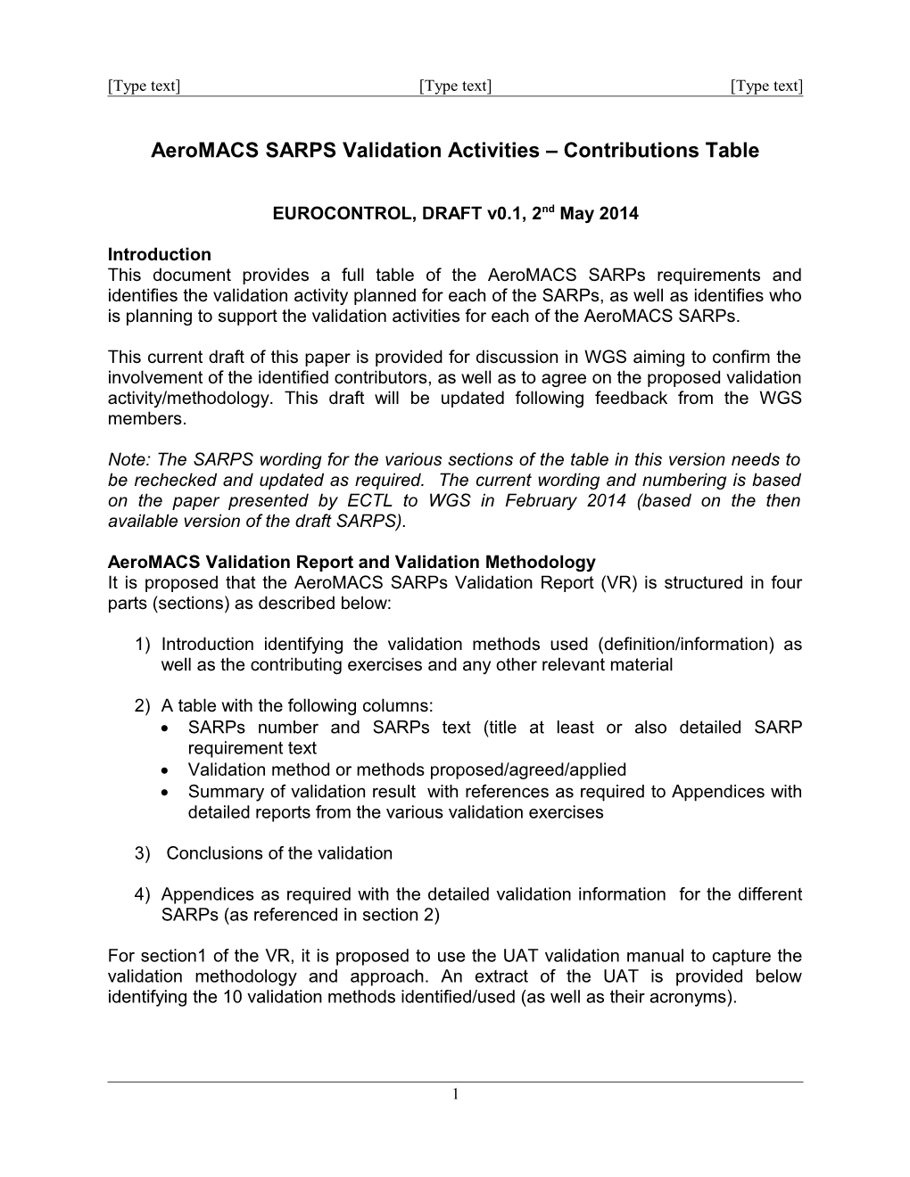 Propsed Structure of Validation Report and Contributions