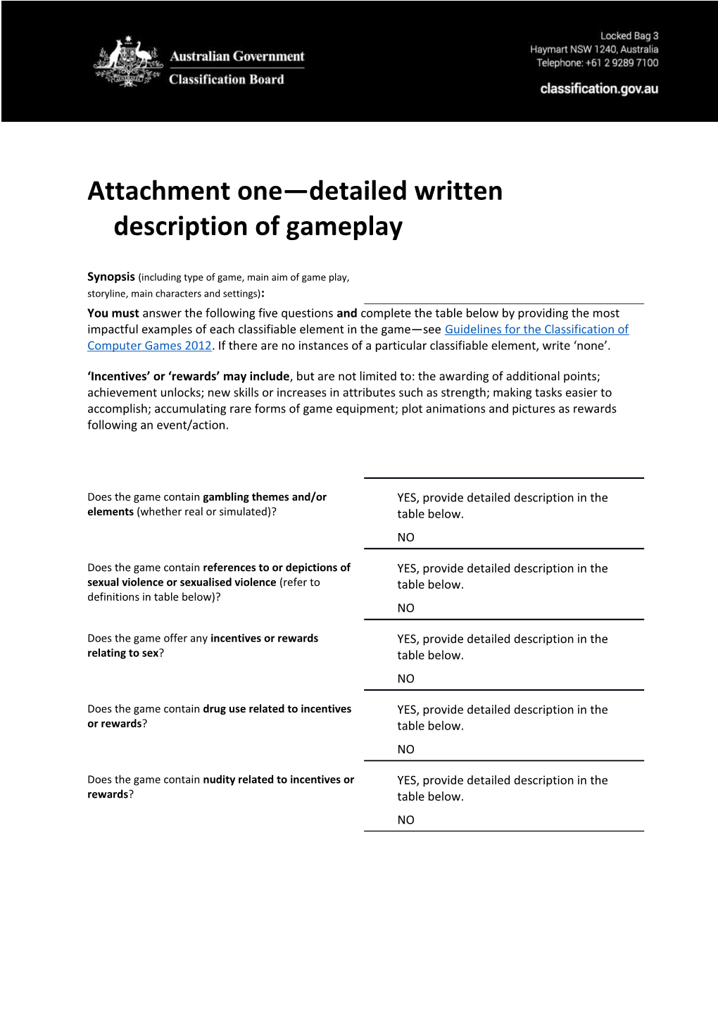Attachment One Detailed Written Description of Gameplay