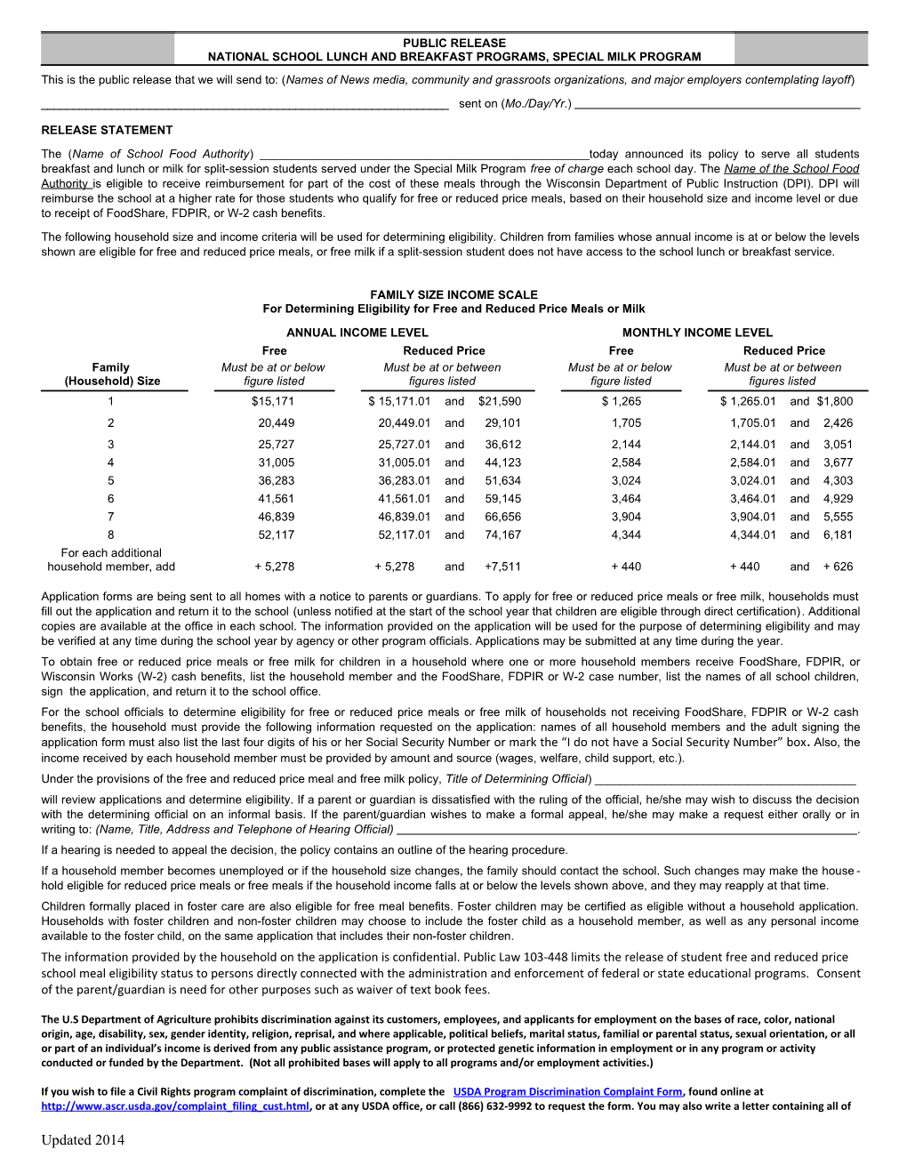 Public Release for the National School Lunch and Breakfast Programs, and Special Milk Program