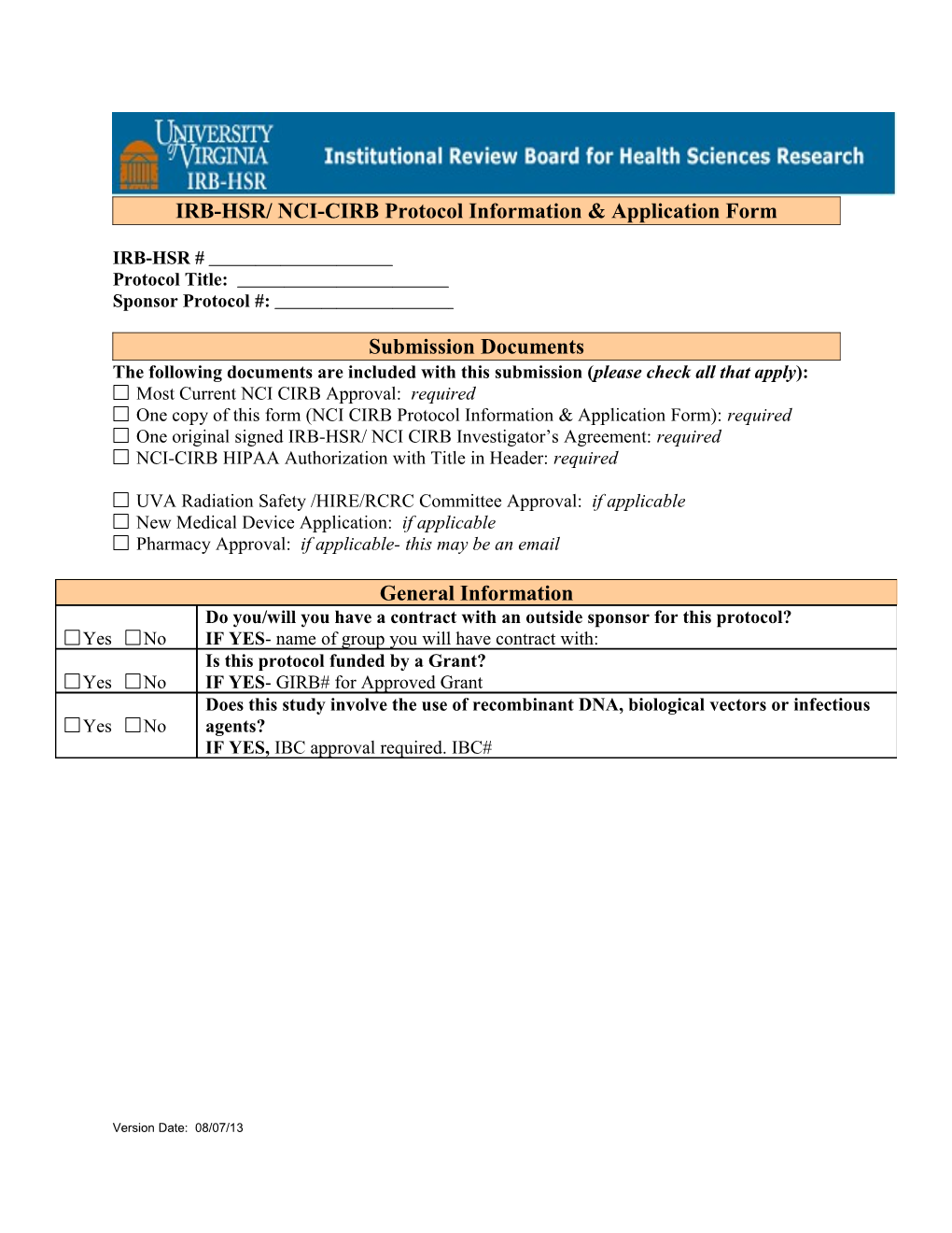 IRB-HSR/ NCI-CIRB Protocol Information & Application Form