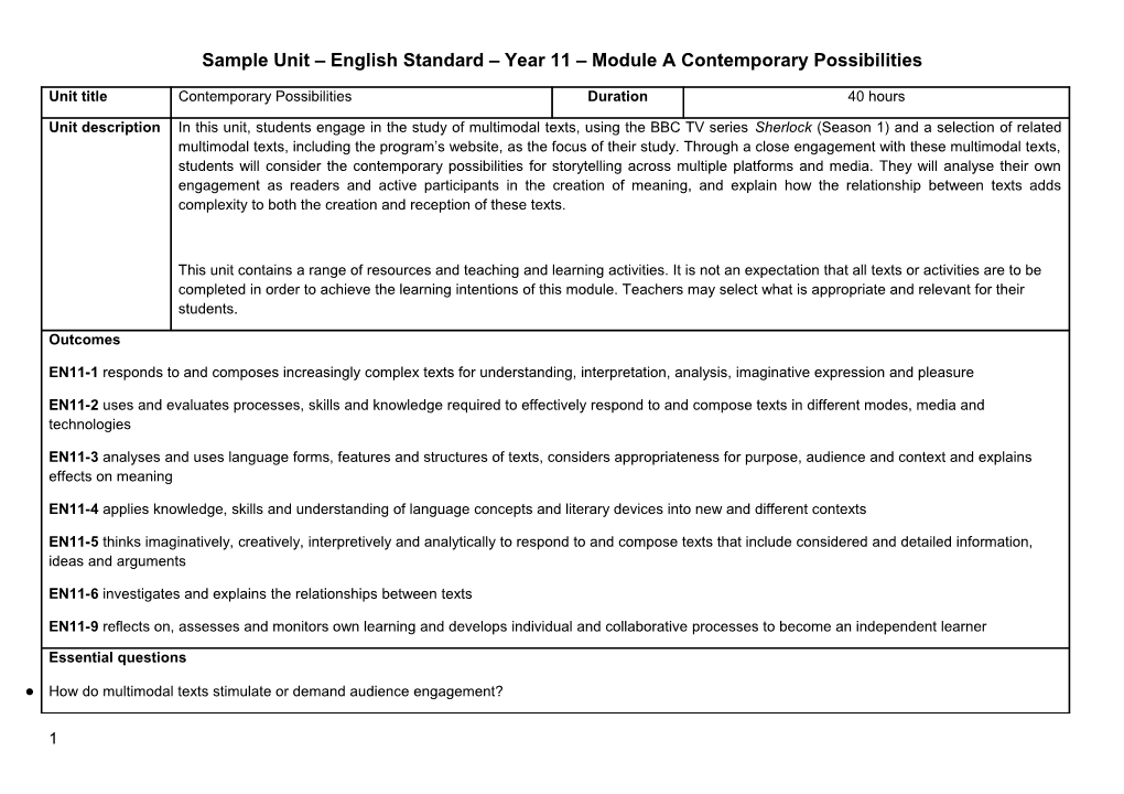 Sample Unit English Standard Year 11 Module a Contemporary Possibilities