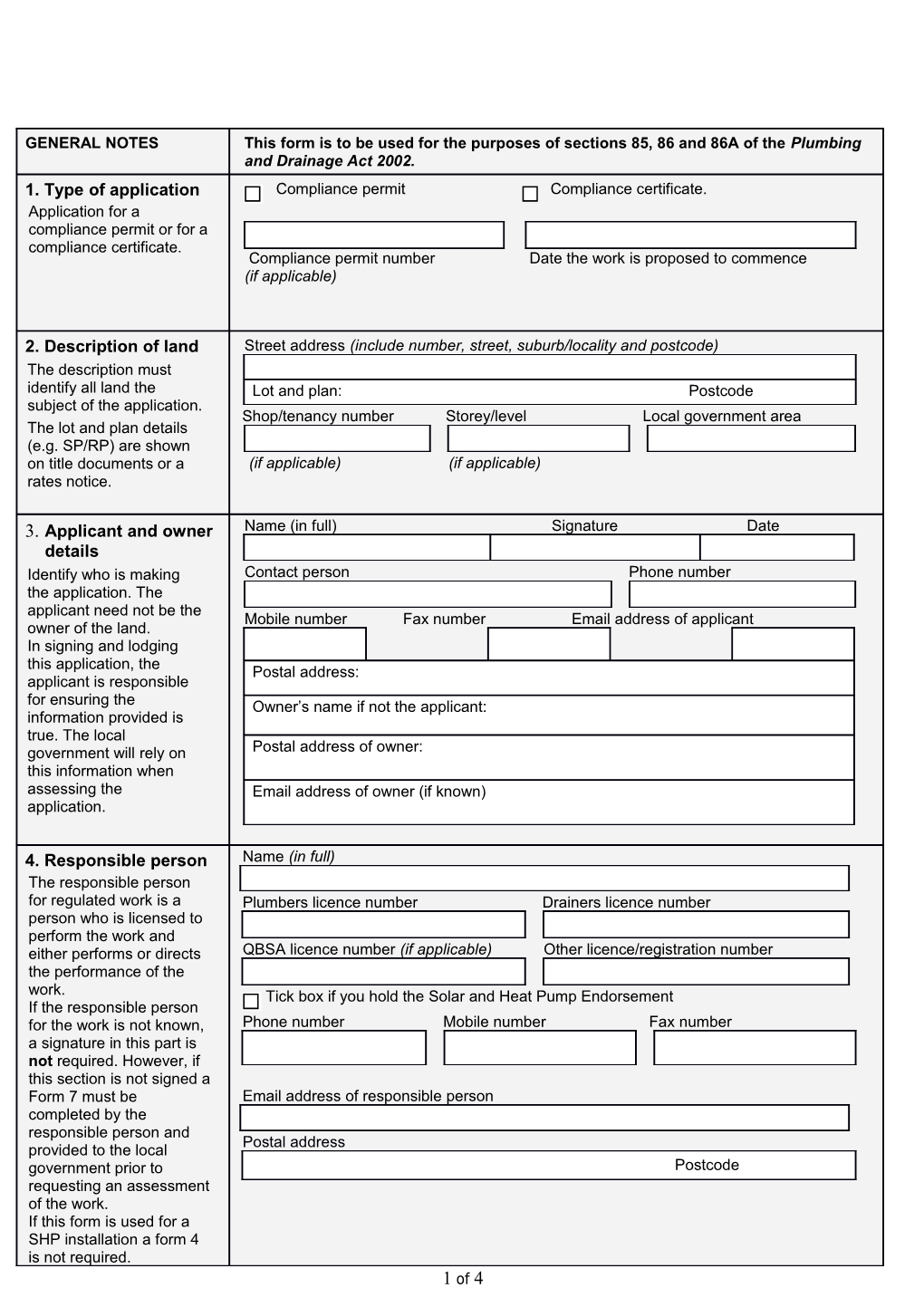 Compliance Assessment Application for Plumbing, Drainage and On-Site Sewerage Work