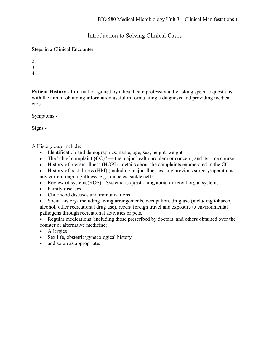 BIO 580 Medical Microbiology Unit 3 Clinical Manifestations 1