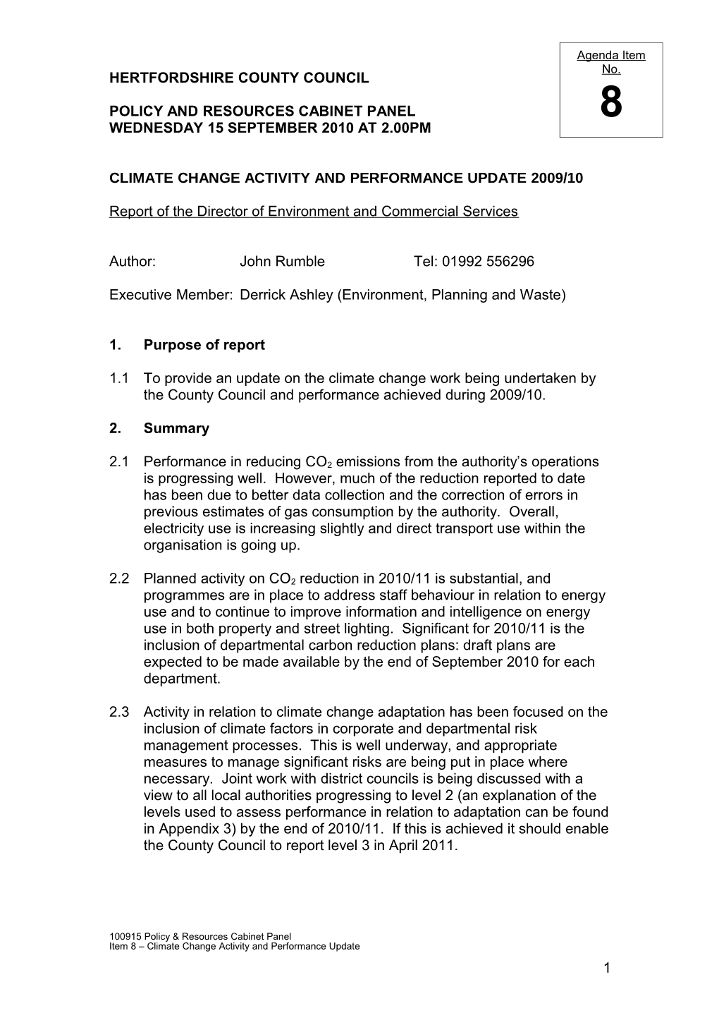 Policy and Resources Cabinet Panel Wednesday 15 September 2010 at 2.00Pm Item 7 - Climate