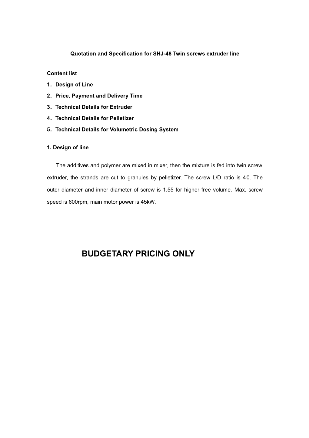 Quotation and Specification for SHJ-48 Twin Screws Extruder Line