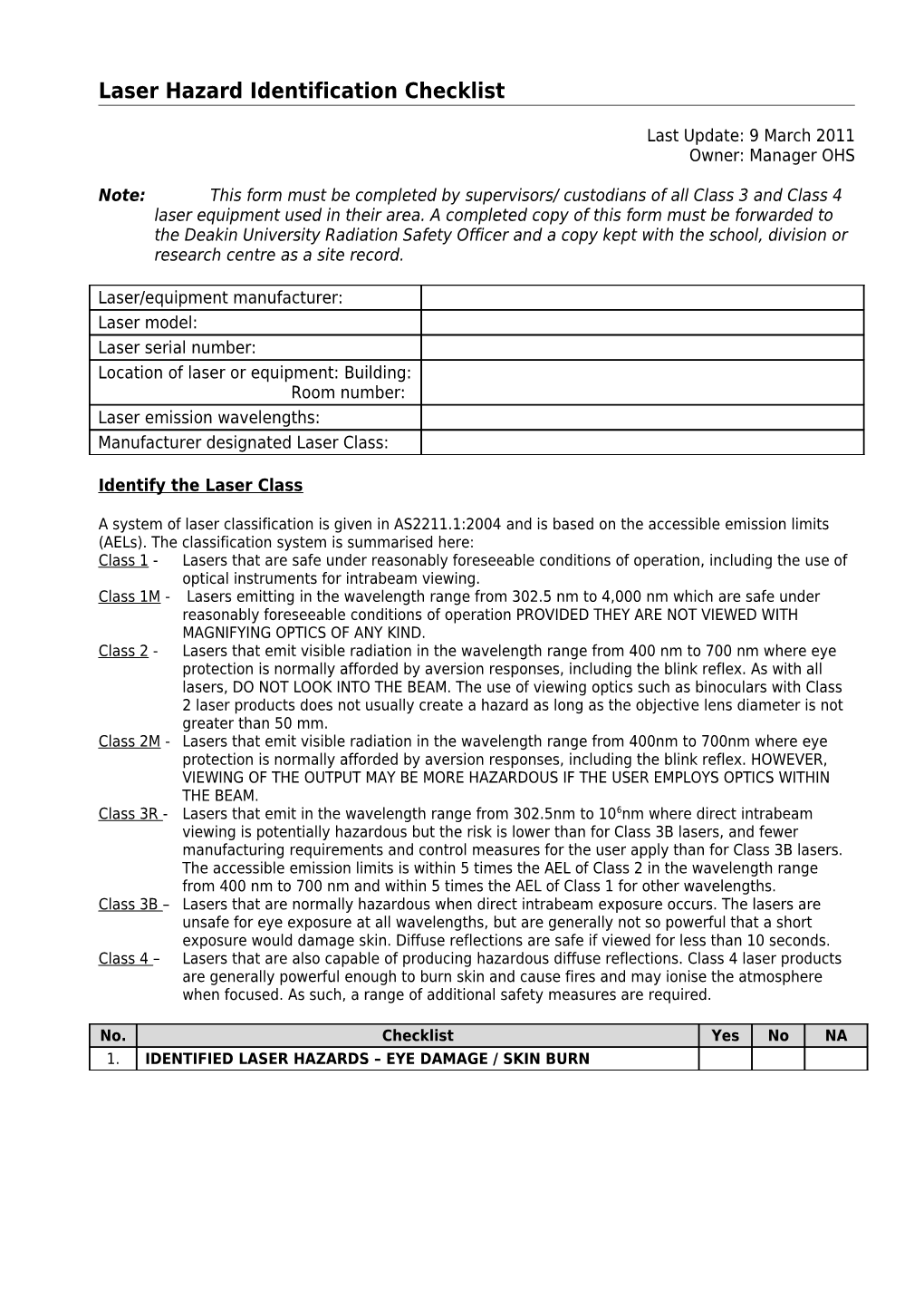 Laser Hazard Identification Checklist