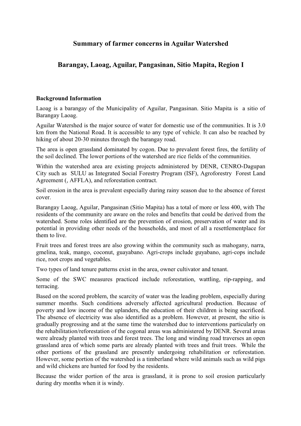 Summary of Farmer Concernsin Aguilar Watershed