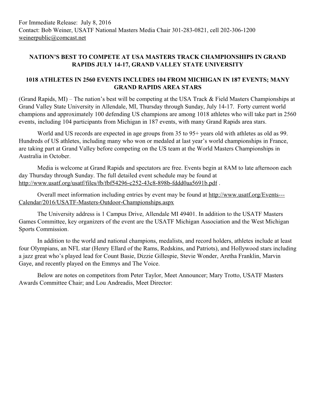 Nation S Best to Compete at Usa Masters Track Championships in Grand Rapids July 14-17