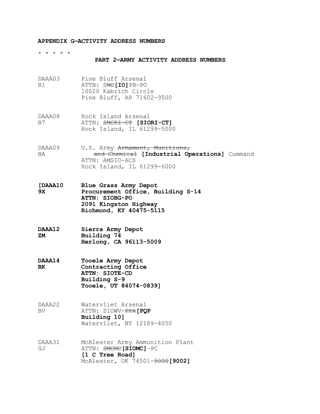 Appendix G Activity Address Numbers