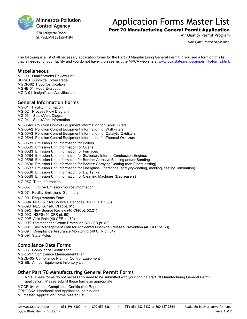 Application Forms Master List Part 70 Manufacturing General Permit Application - Air Quality