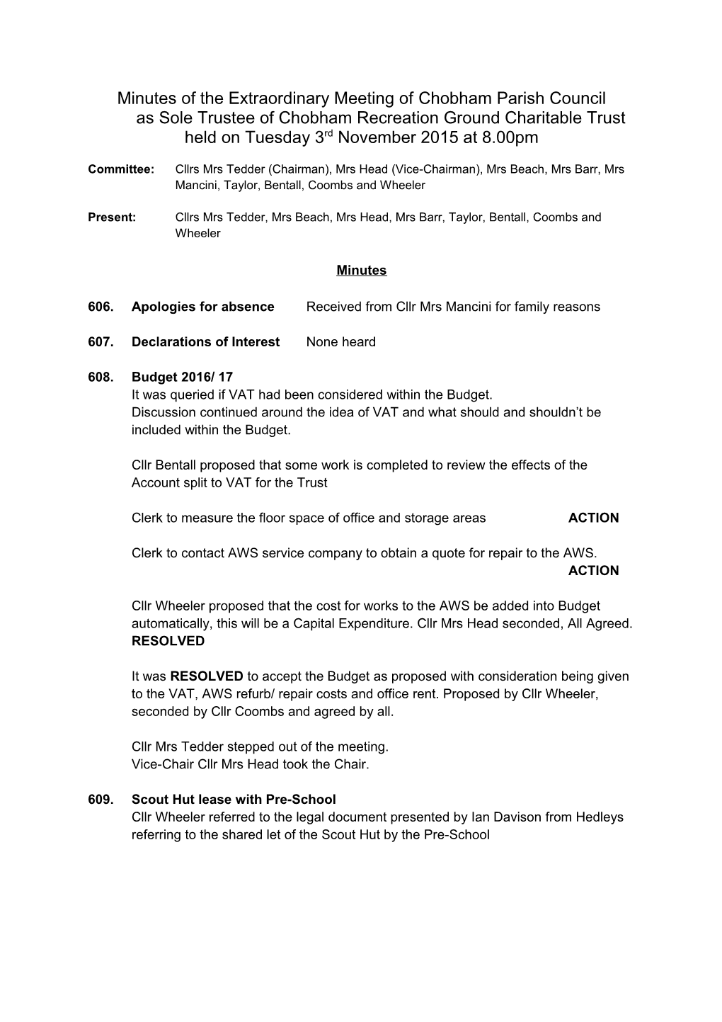 Minutes of the Extraordinary Meeting of Chobham Parish Councilas Sole Trustee of Chobham