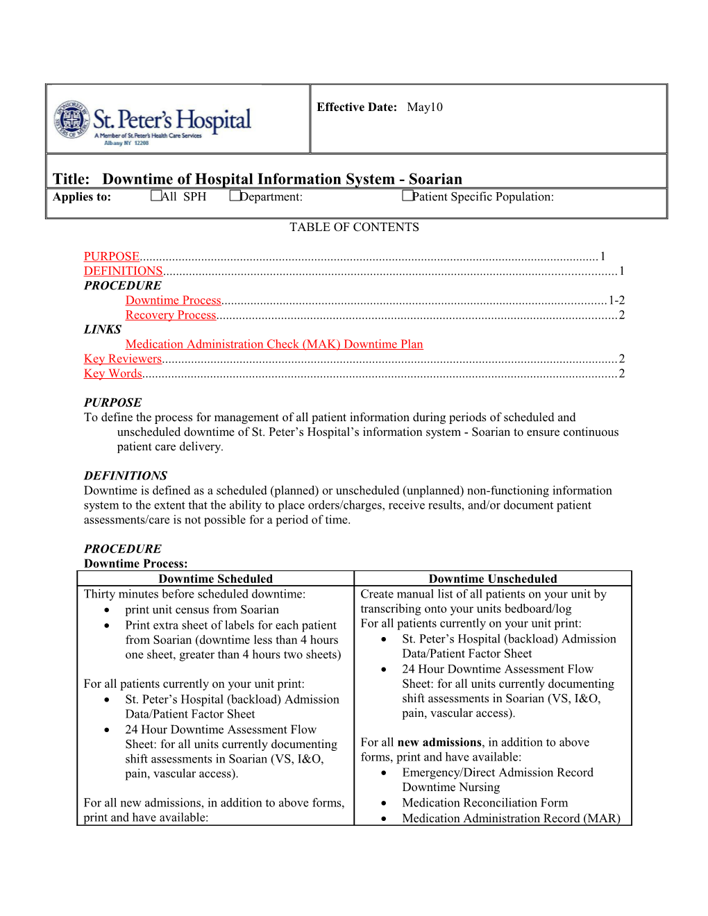 Medication Administration Check (MAK) Downtime Plan