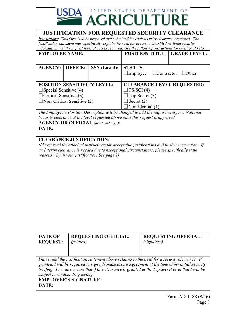 Justification for Requested Security Clearance Form Instructions