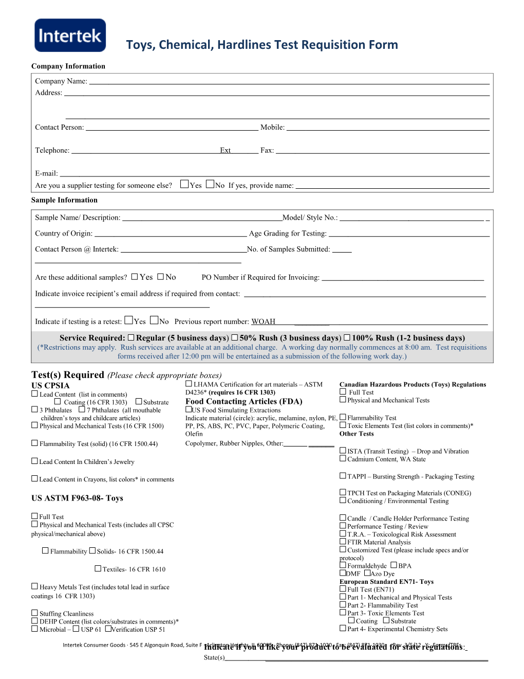 Toys, Chemical, Hardlines Test Requisition Form