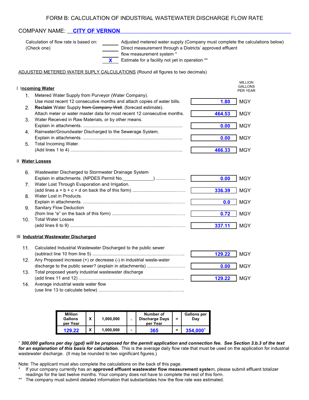 Form B: Calculation of Industrial Wastewater Discharge Flow Rate