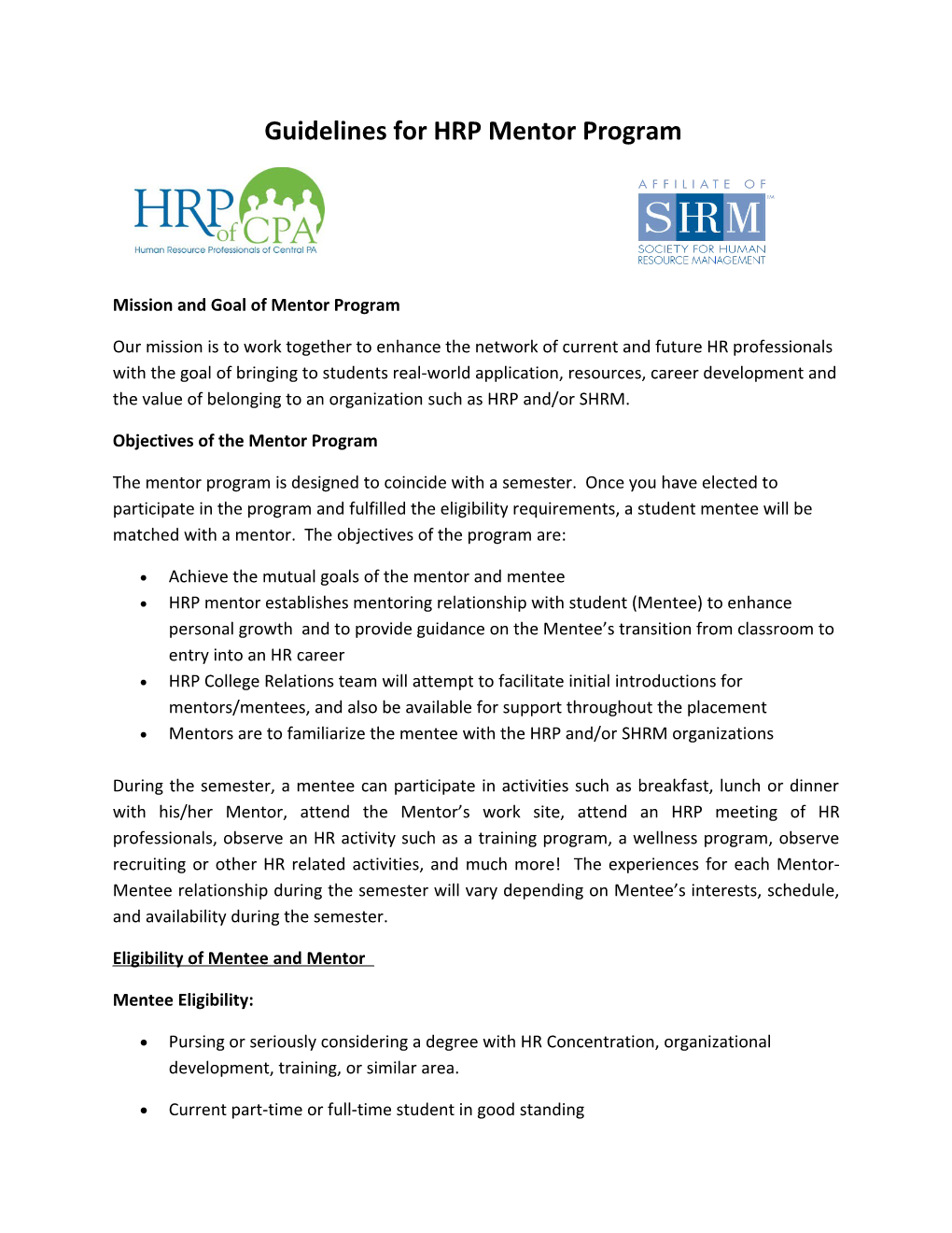 Guidelines for HRP Mentor Program