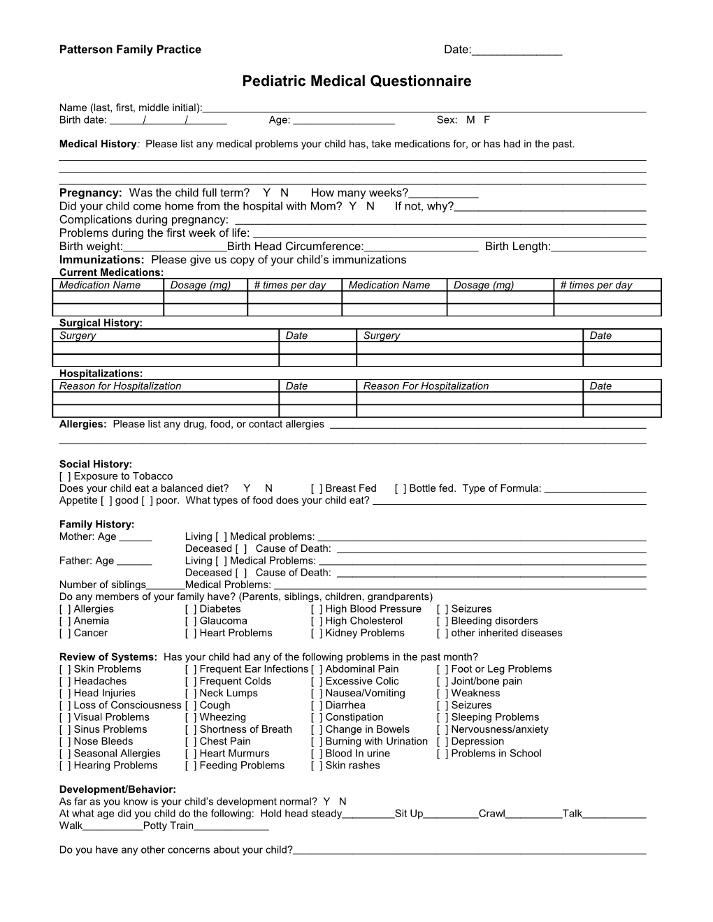 Pediatric Medical Questionnaire