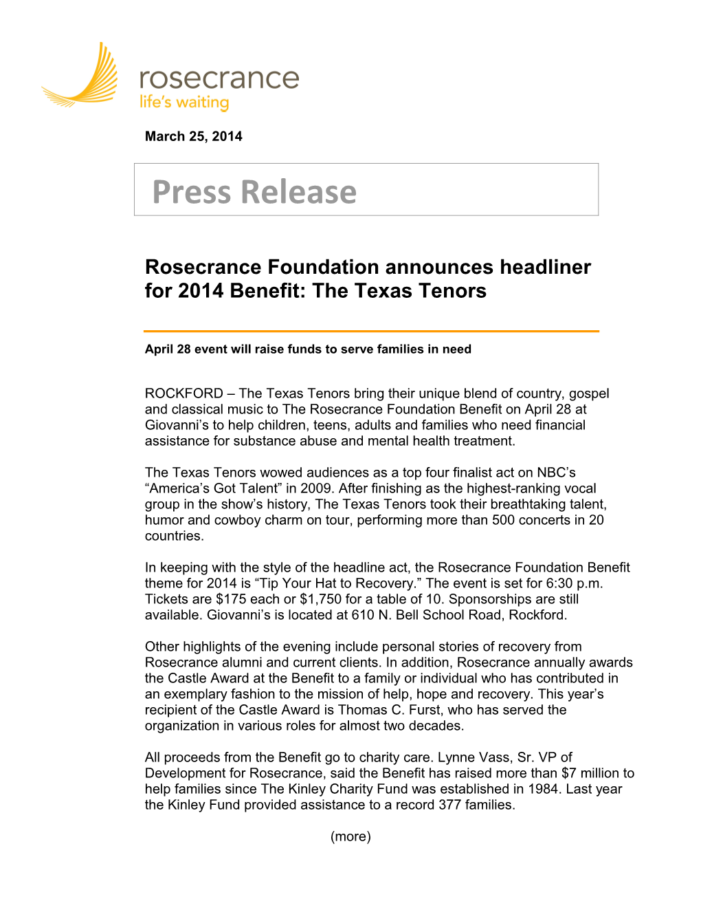 Rosecrance Foundation Announces Headliner