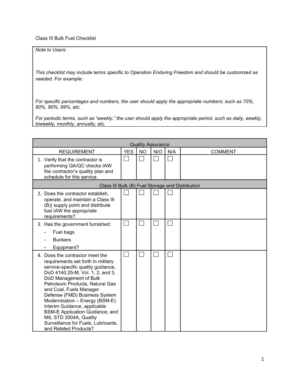 Class III Bulk Fuel Checklist