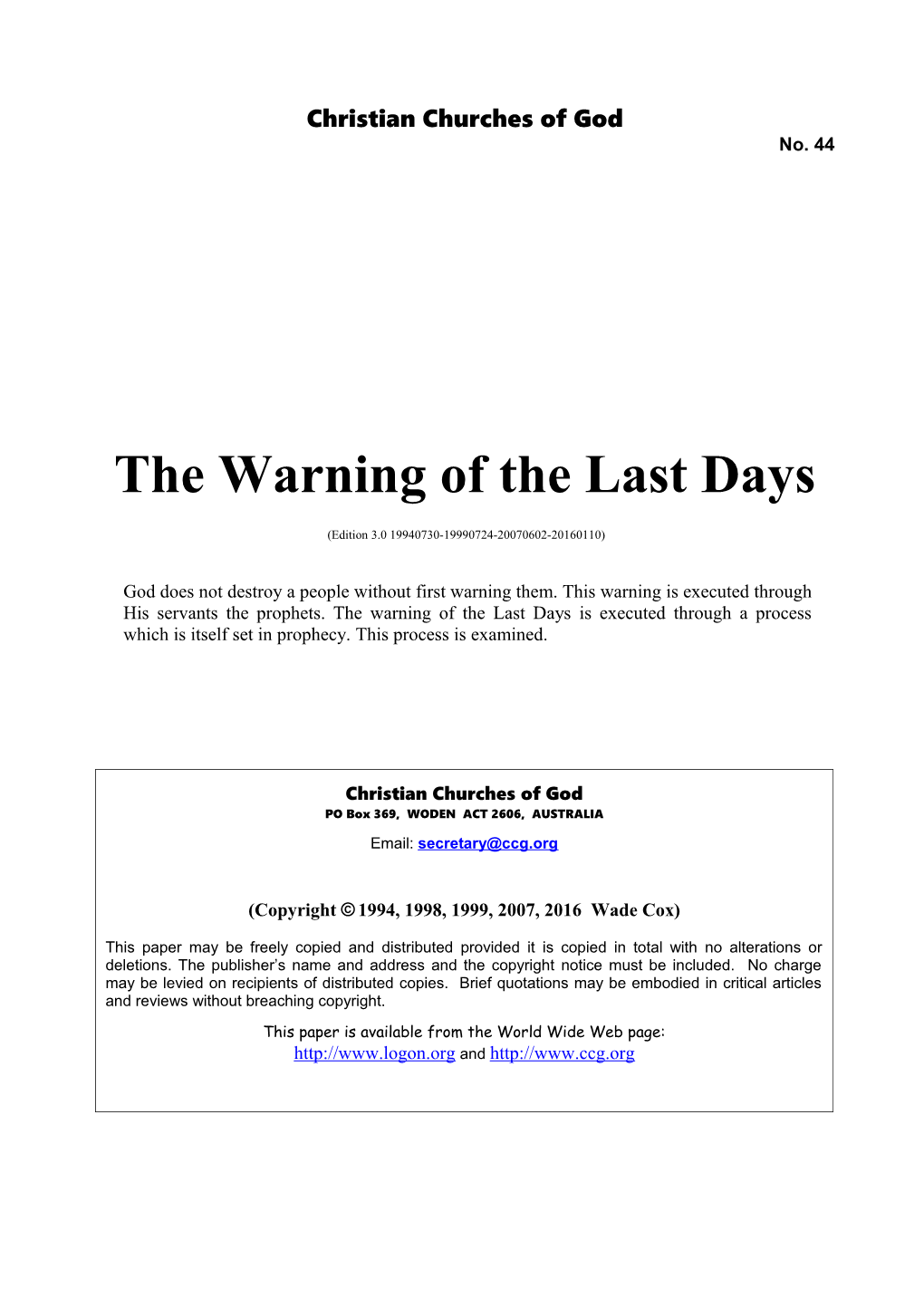 The Warning of the Last Days (No. 44)
