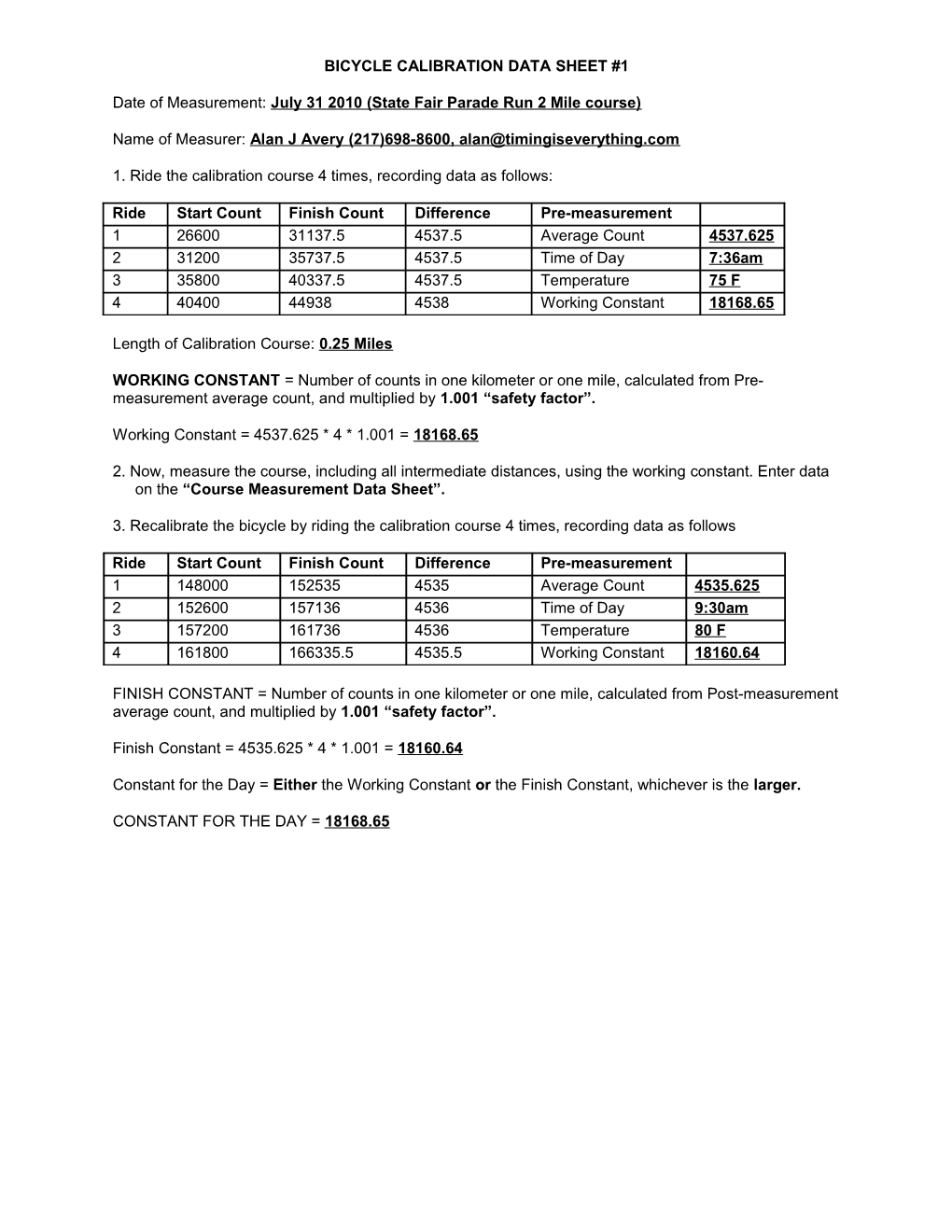 Bicycle Calibration Data Sheet