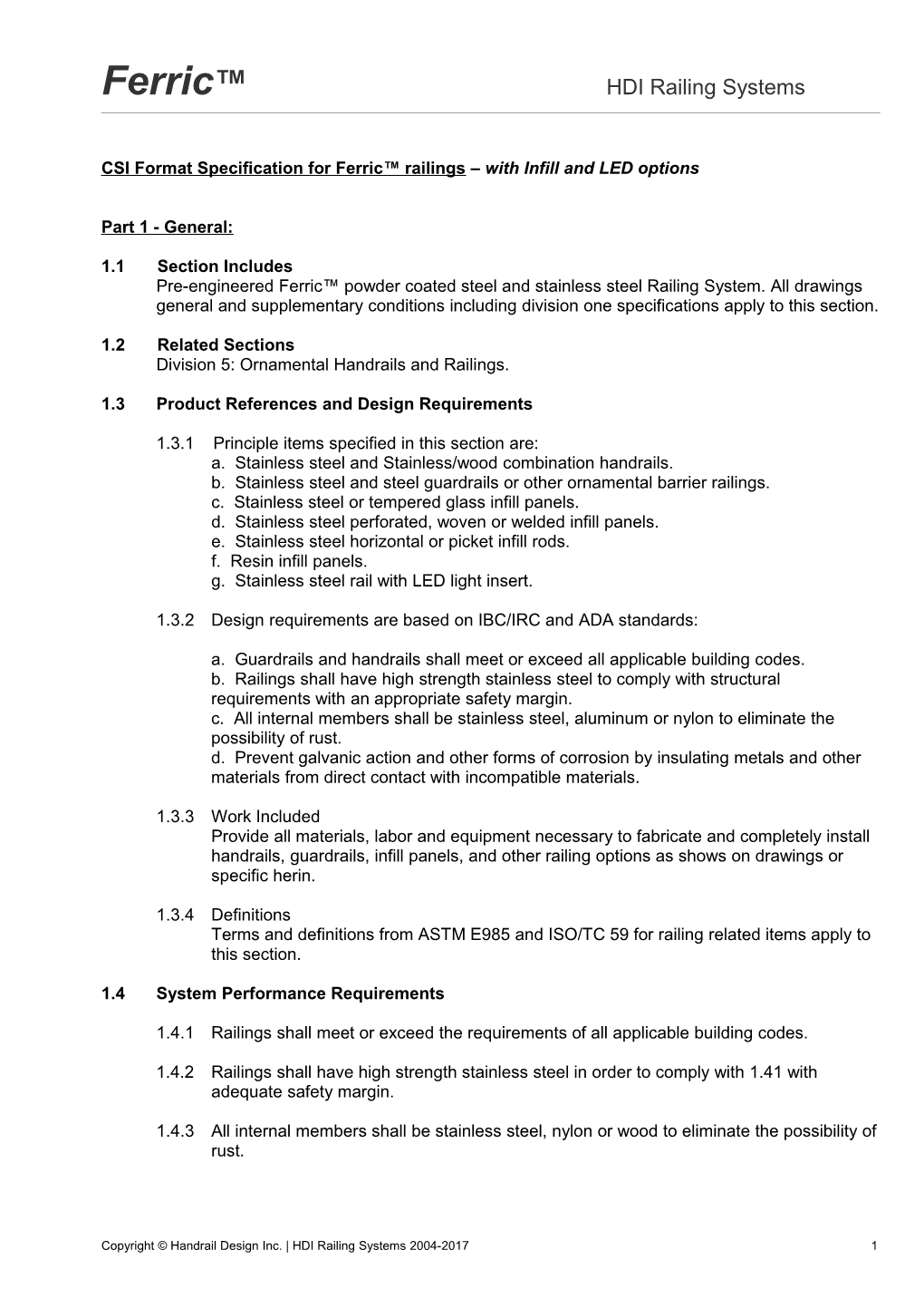 CSI Format Specification for Ferric Railings with Infill and LED Options