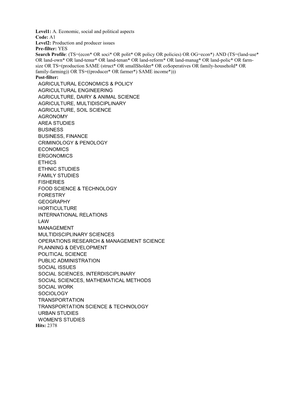 Level1:A. Economic, Social and Political Aspects Code: A1 Level2: Production and Producer