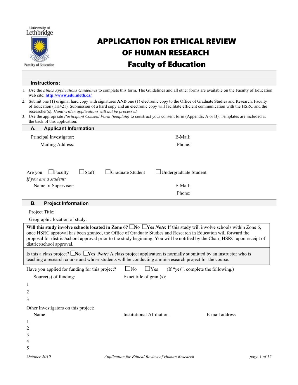 Application for Ethical Review of Human Research