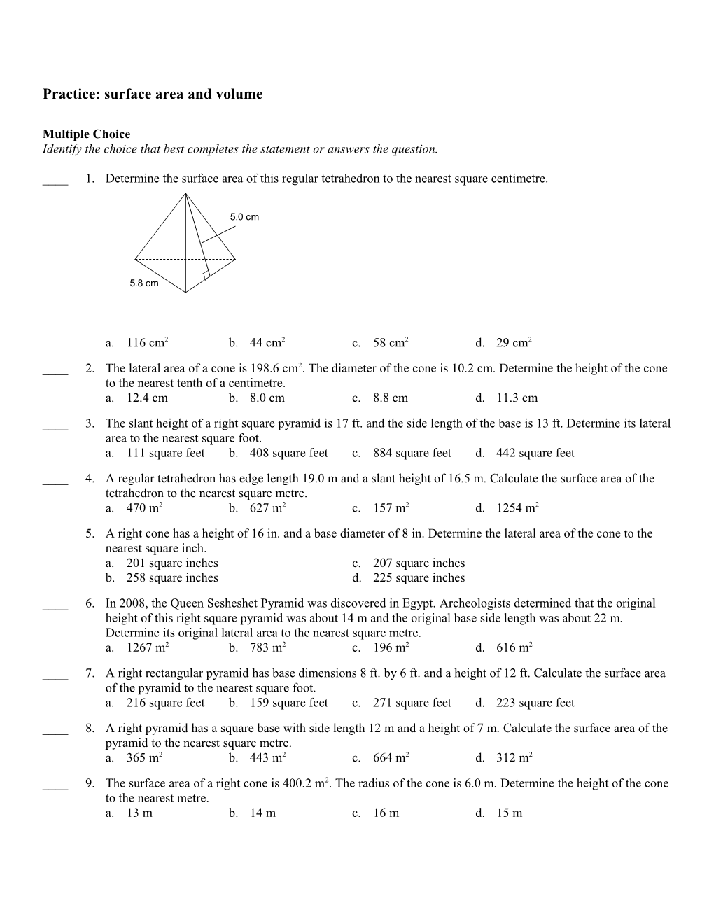 Practice: Surface Area and Volume