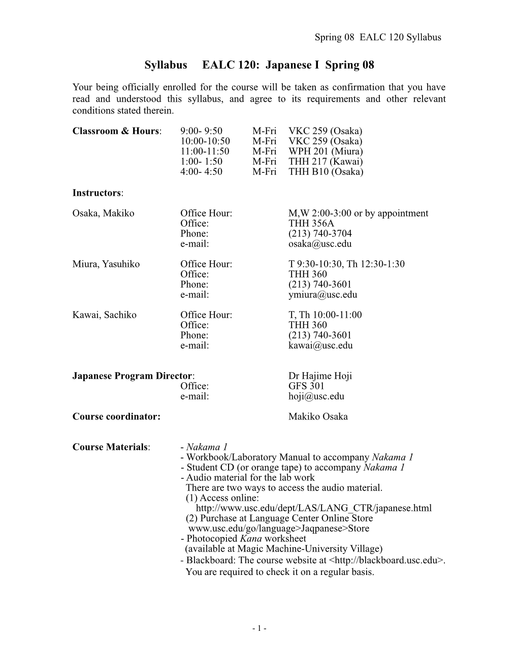 Syllabus EALC 120: Japanese I