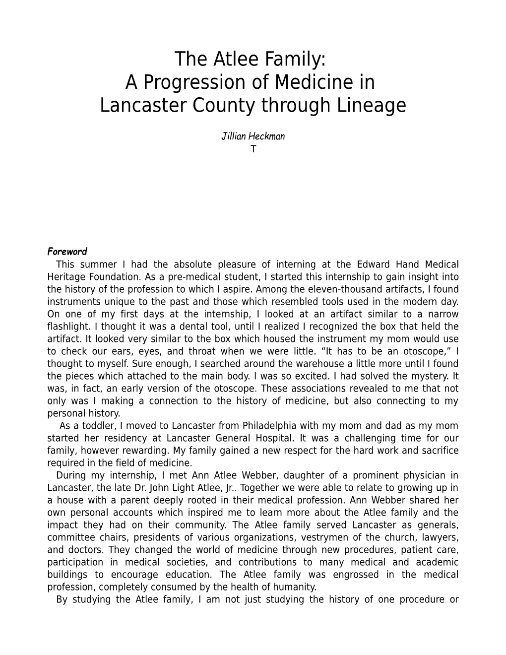The Atlee Family: a Progression of Medicine in Lancaster County Through Lineage