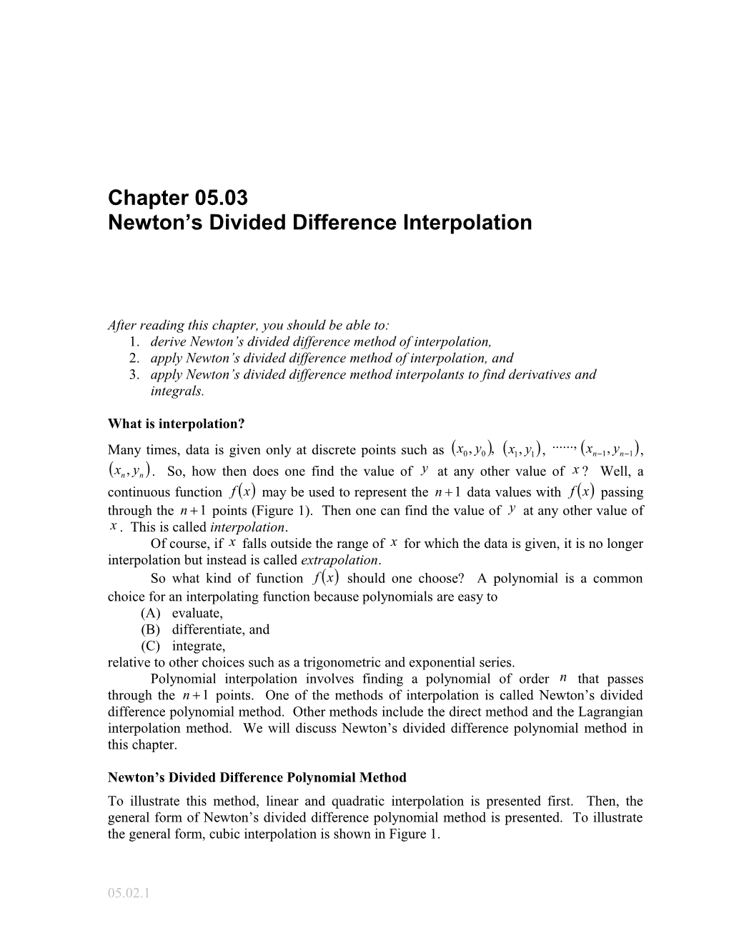 Newton's Divided Difference Method of Interpolation: General Engineering