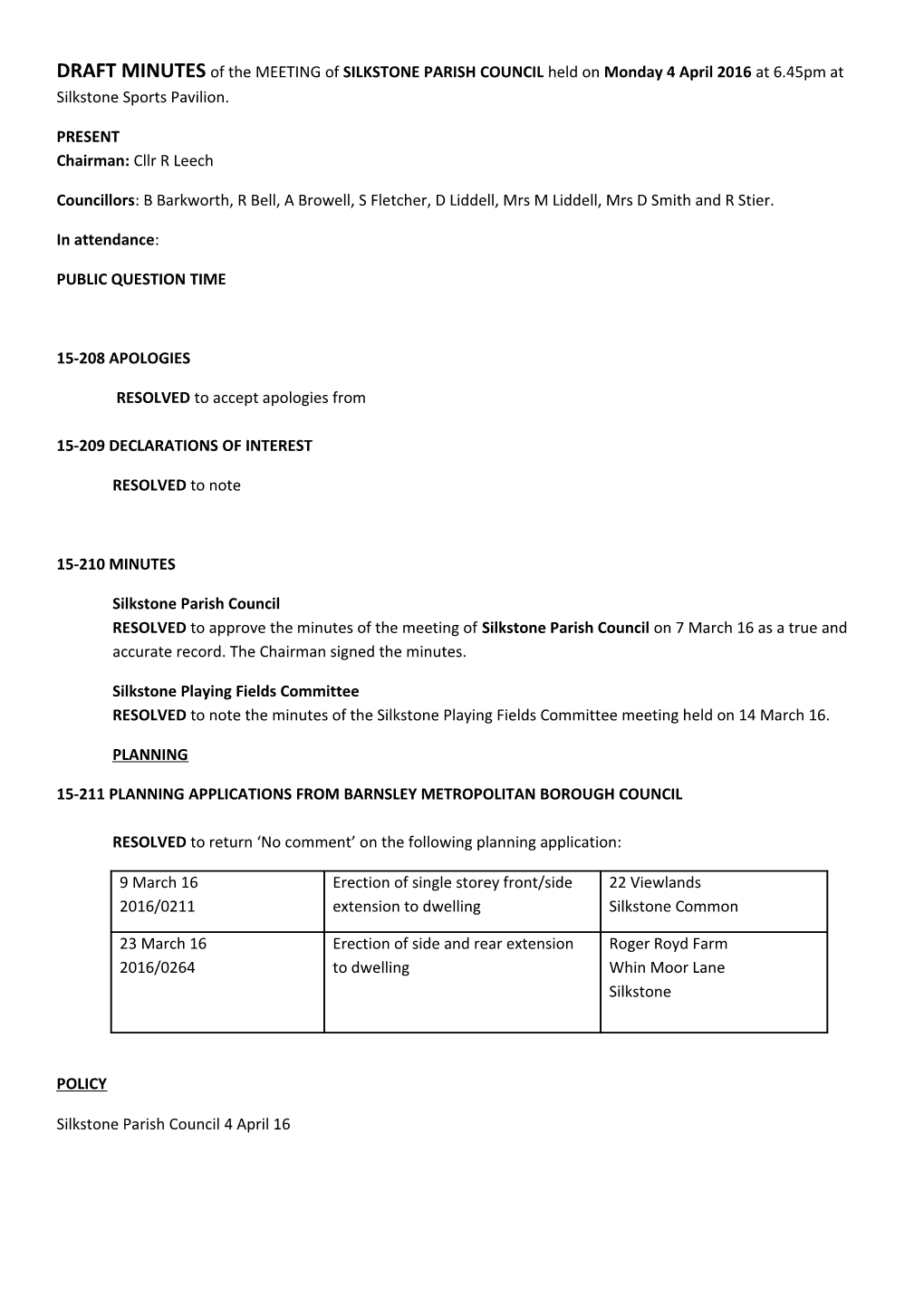 DRAFT MINUTES of Themeetingof SILKSTONE PARISH COUNCIL Held on Monday4 April 2016 at 6.45Pm