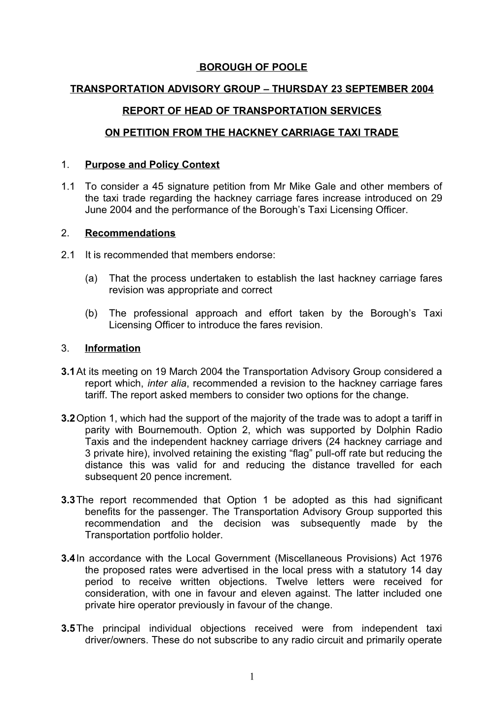 PETITION from the HACKNEY CARRIAGE TAXI TRADE - 23Rd September 2004