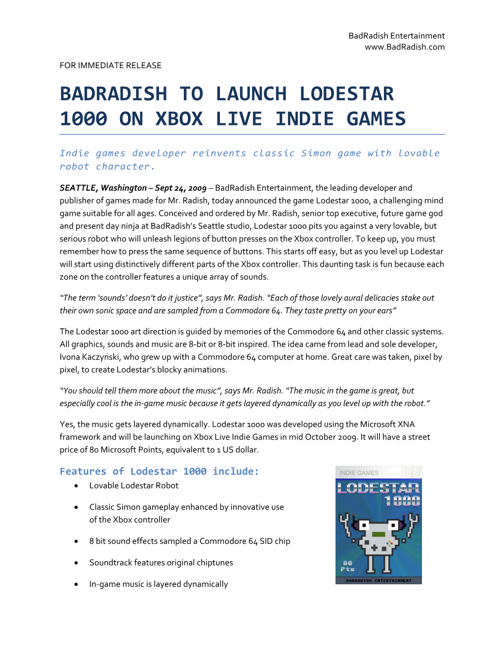 Badradish to Launch Lodestar 1000 on Xbox Live Indie Games