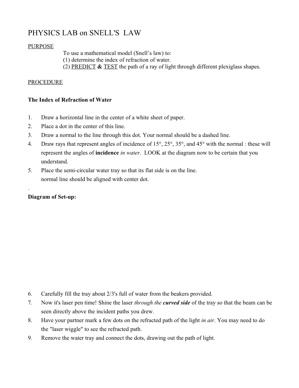 PHYSICS LAB on SNELL's LAW