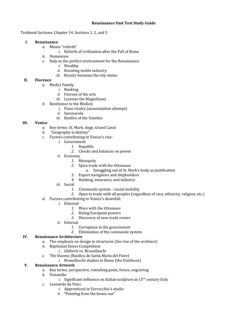 Renaissance Unit Test Study Guide