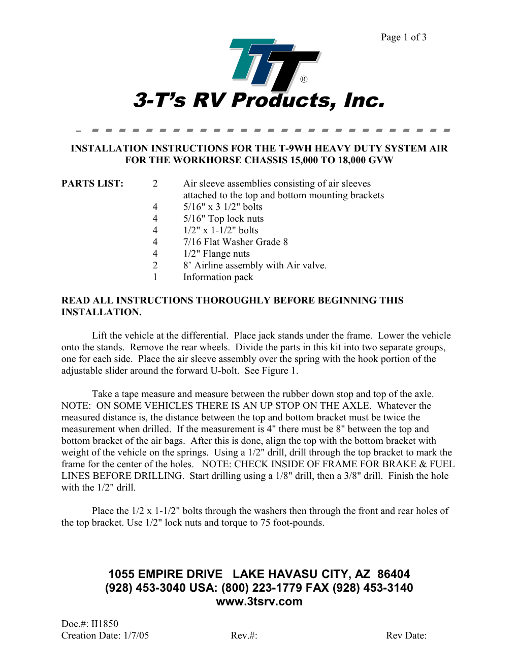 Installation Instructions for the T-9Wh Heavy Duty System Air for the Workhorse Chassis