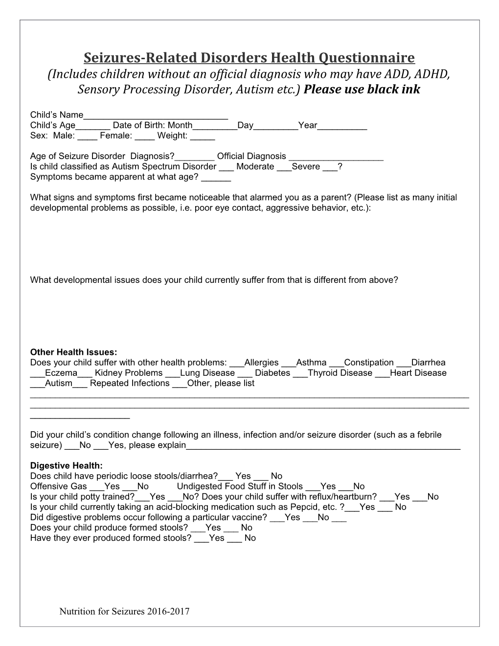Seizures-Related Disorders Health Questionnaire