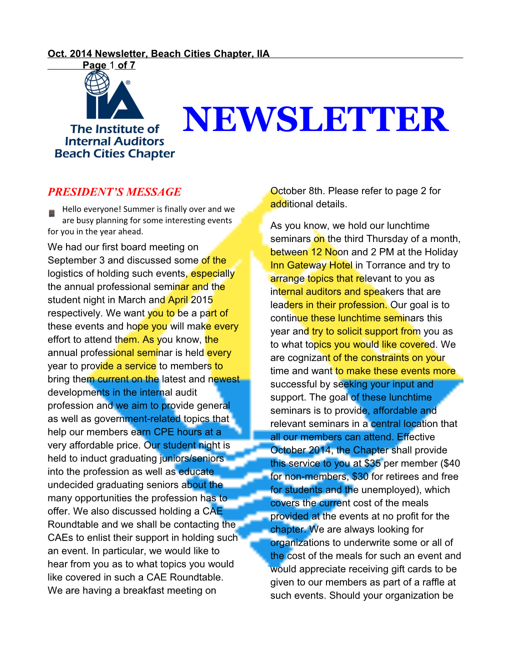 Oct.2014 Newsletter, Beach Cities Chapter, IIA Page 1 Of7