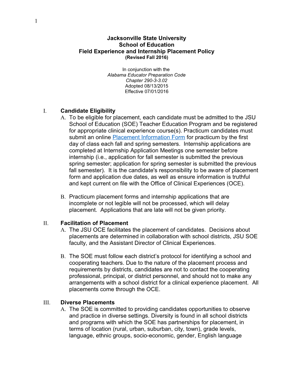 Field Experience and Internship Placement Policy