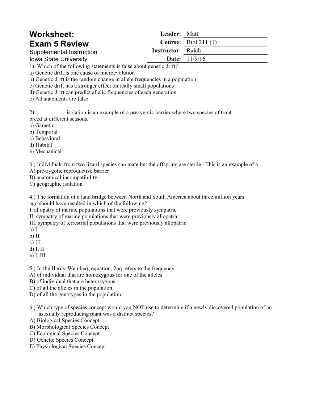 1). Which of the Following Statements Is False About Genetic Drift?