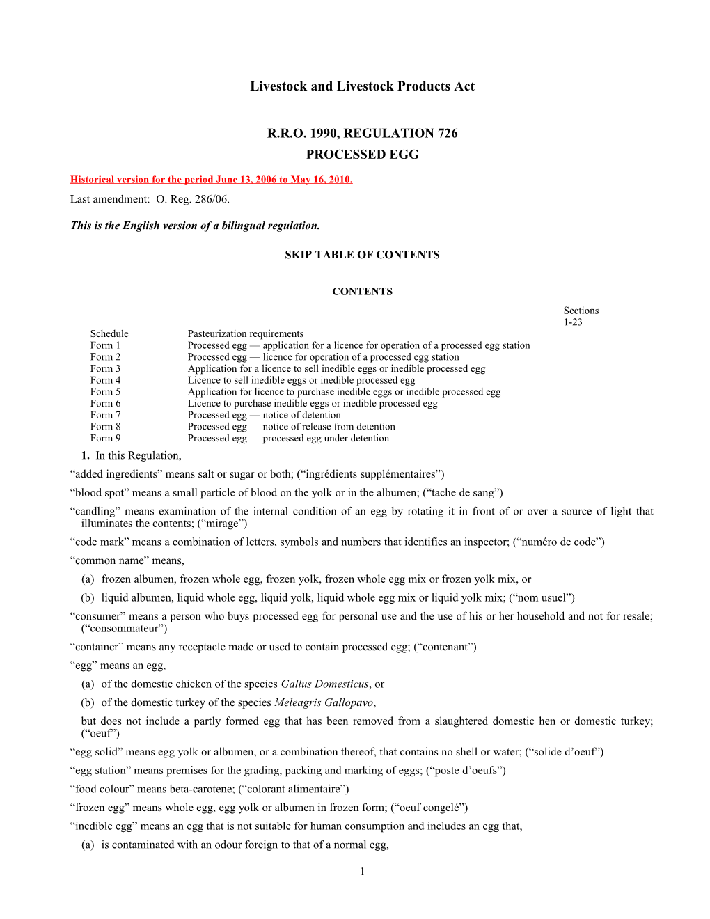 Livestock and Livestock Products Act - R.R.O. 1990, Reg. 726